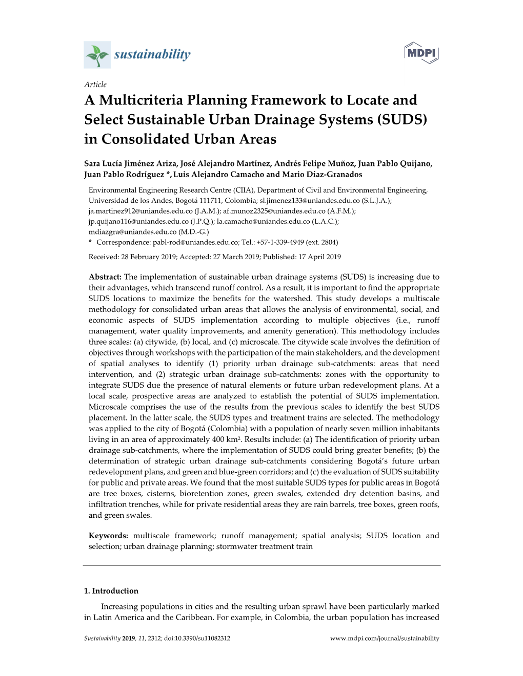 A Multicriteria Planning Framework to Locate and Select Sustainable Urban Drainage Systems (SUDS) in Consolidated Urban Areas
