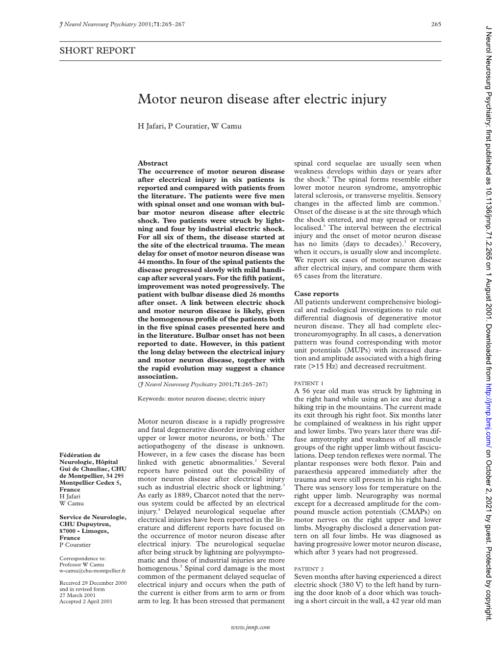 Motor Neuron Disease After Electric Injury