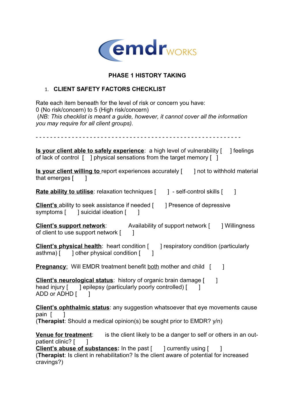 1. Client Safety Factors Checklist