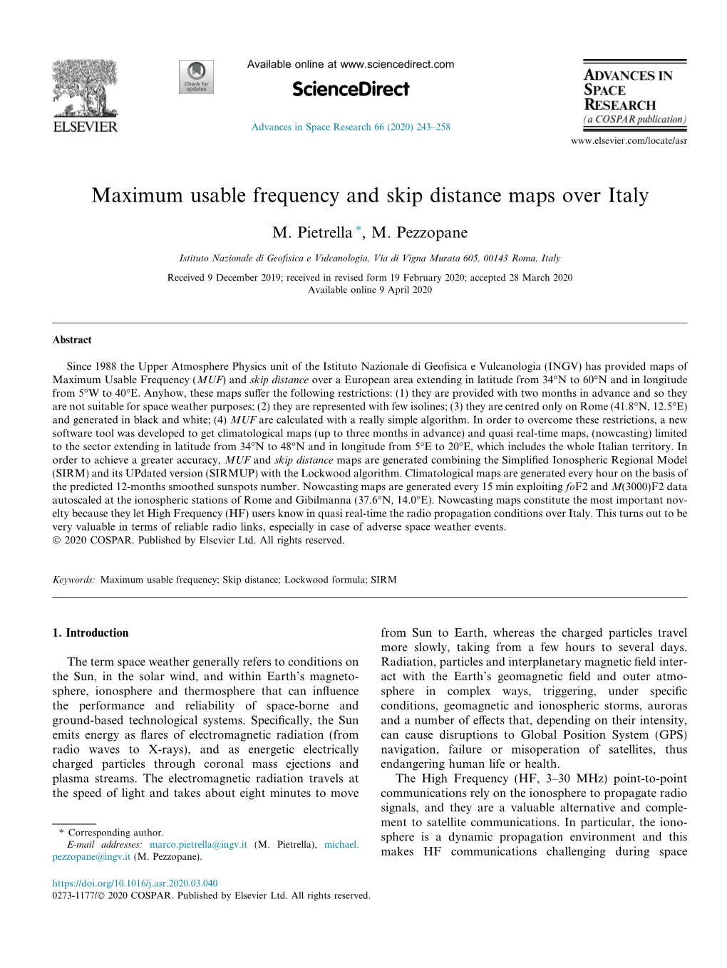 Maximum Usable Frequency and Skip Distance Maps Over Italy