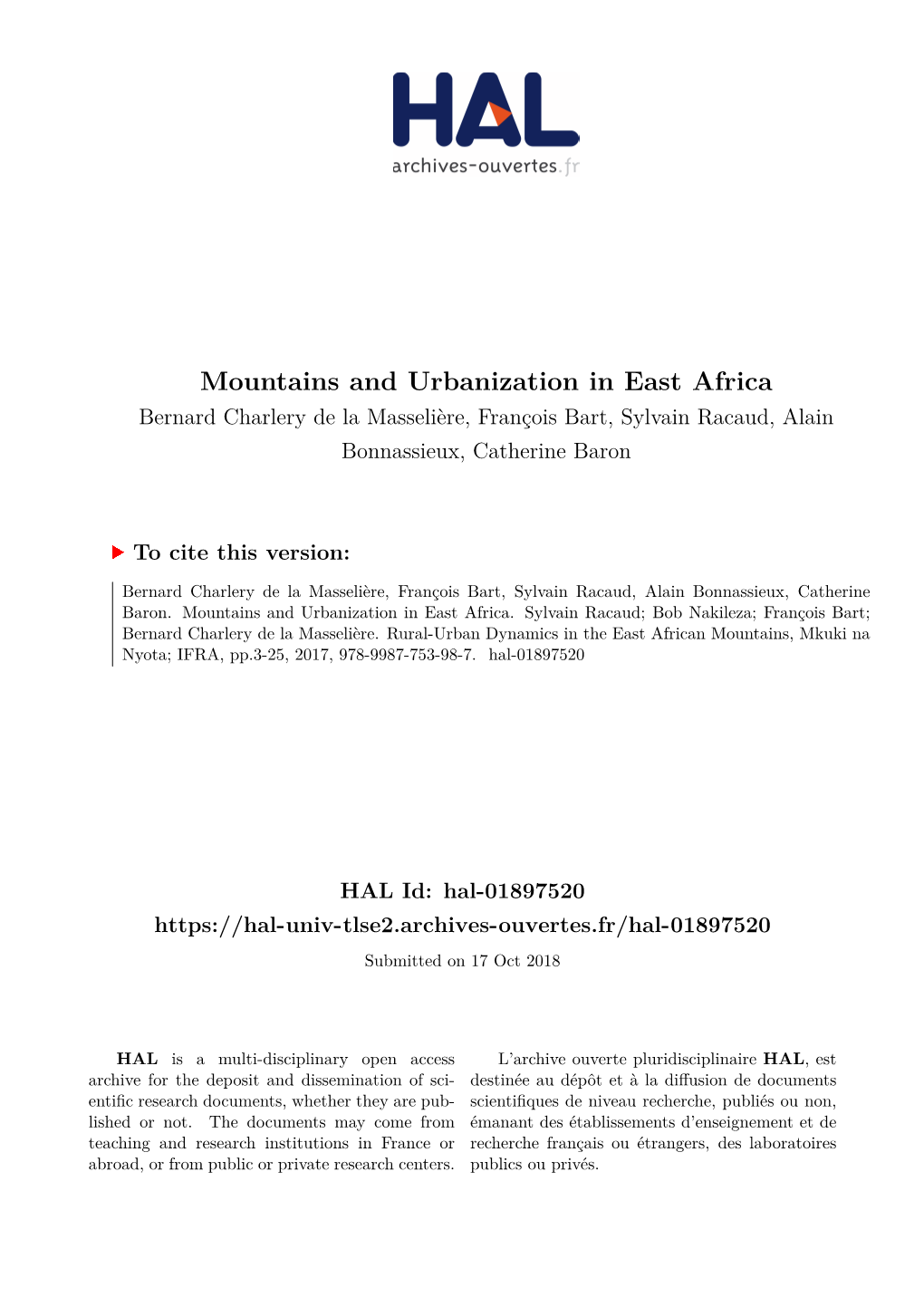 Mountains and Urbanization in East Africa Bernard Charlery De La Masselière, François Bart, Sylvain Racaud, Alain Bonnassieux, Catherine Baron