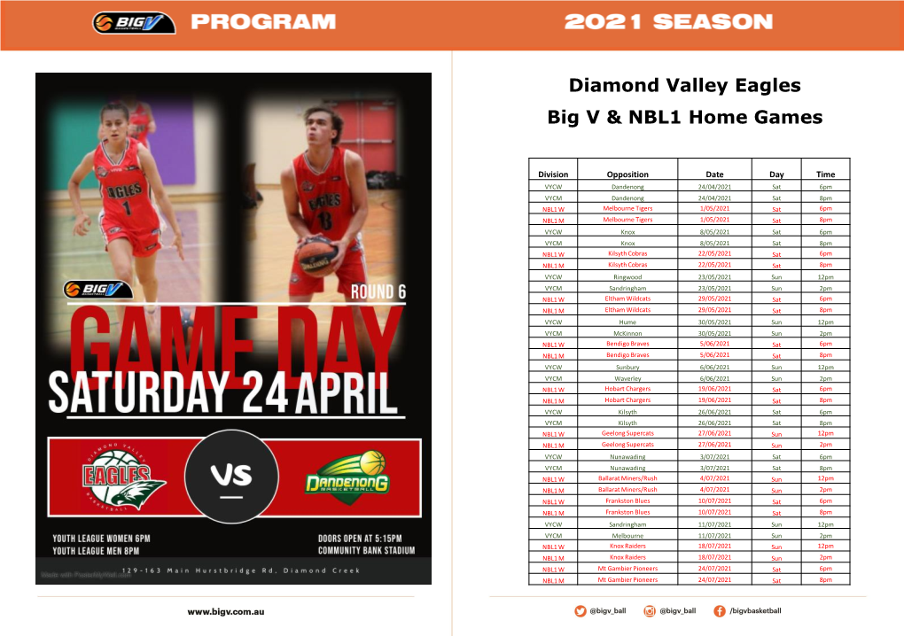 Diamond Valley Eagles Big V & NBL1 Home Games