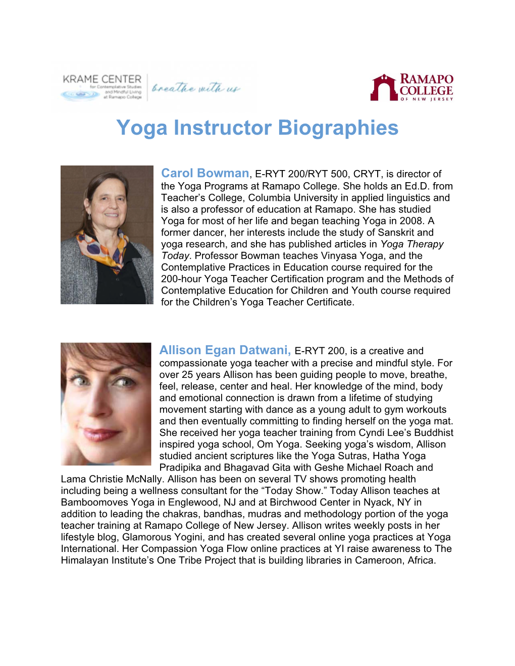 Yoga Instructor Biographies