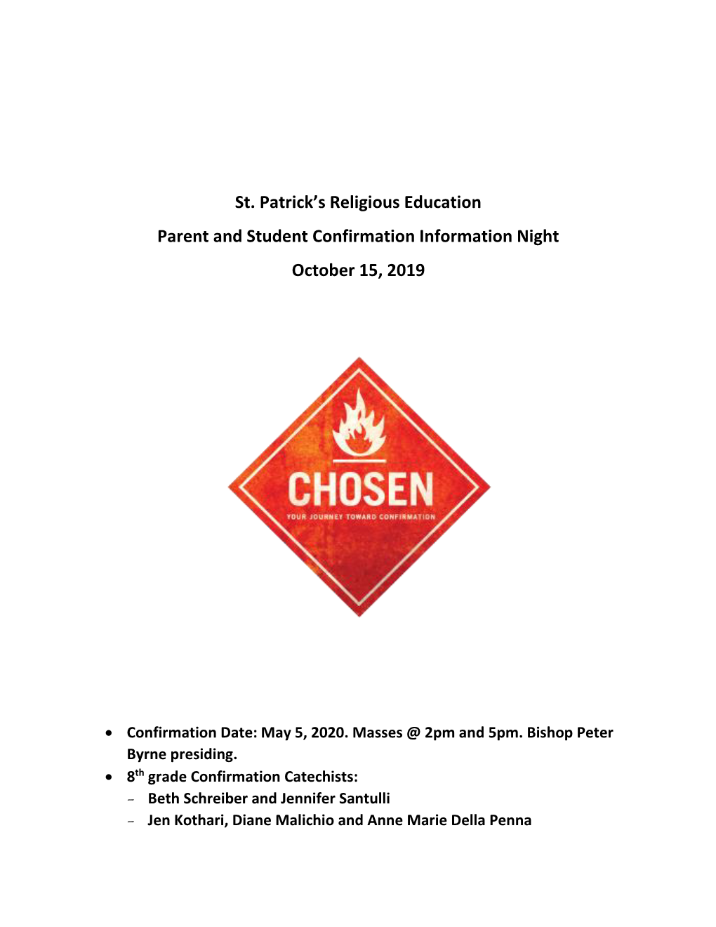 St. Patrick's Religious Education Parent and Student Confirmation