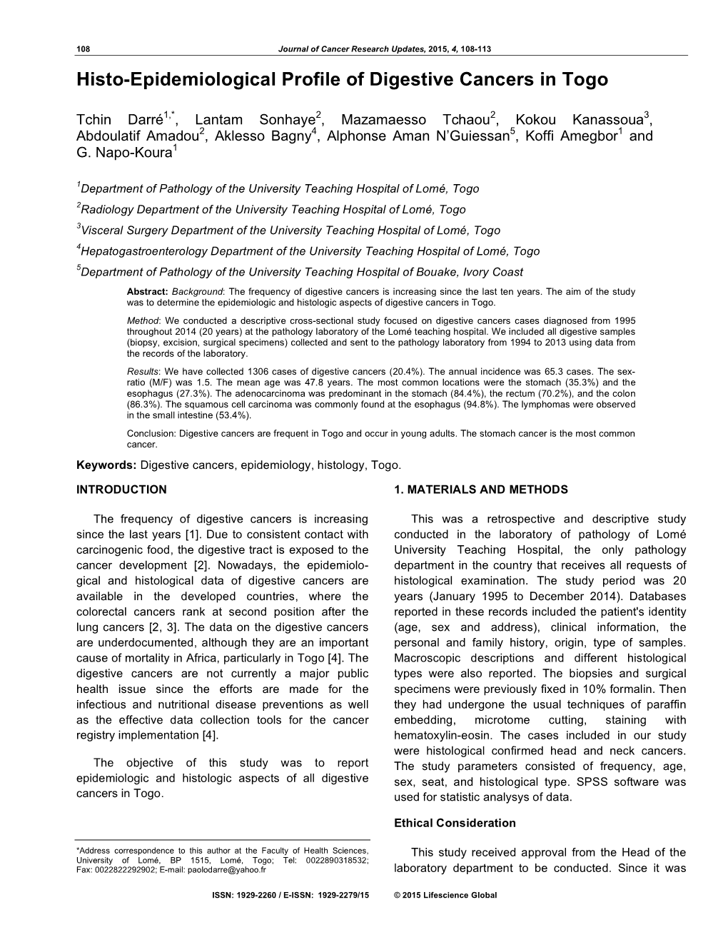 Histo-Epidemiological Profile of Digestive Cancers in Togo