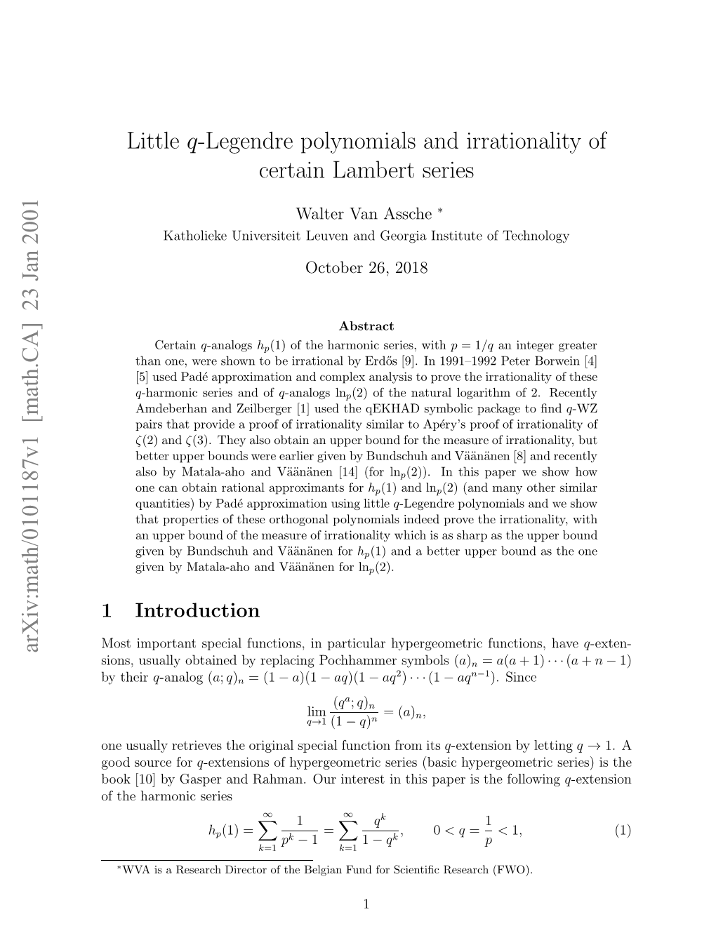 Little Q-Legendre Polynomials and Irrationality of Certain Lambert Series