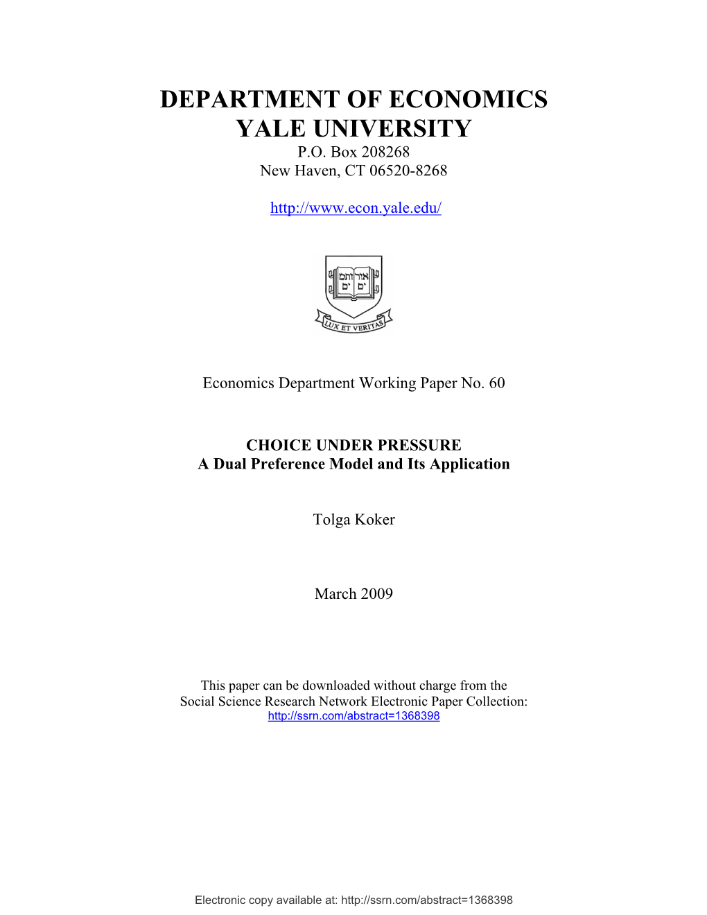 Department of Economics Yale University P.O