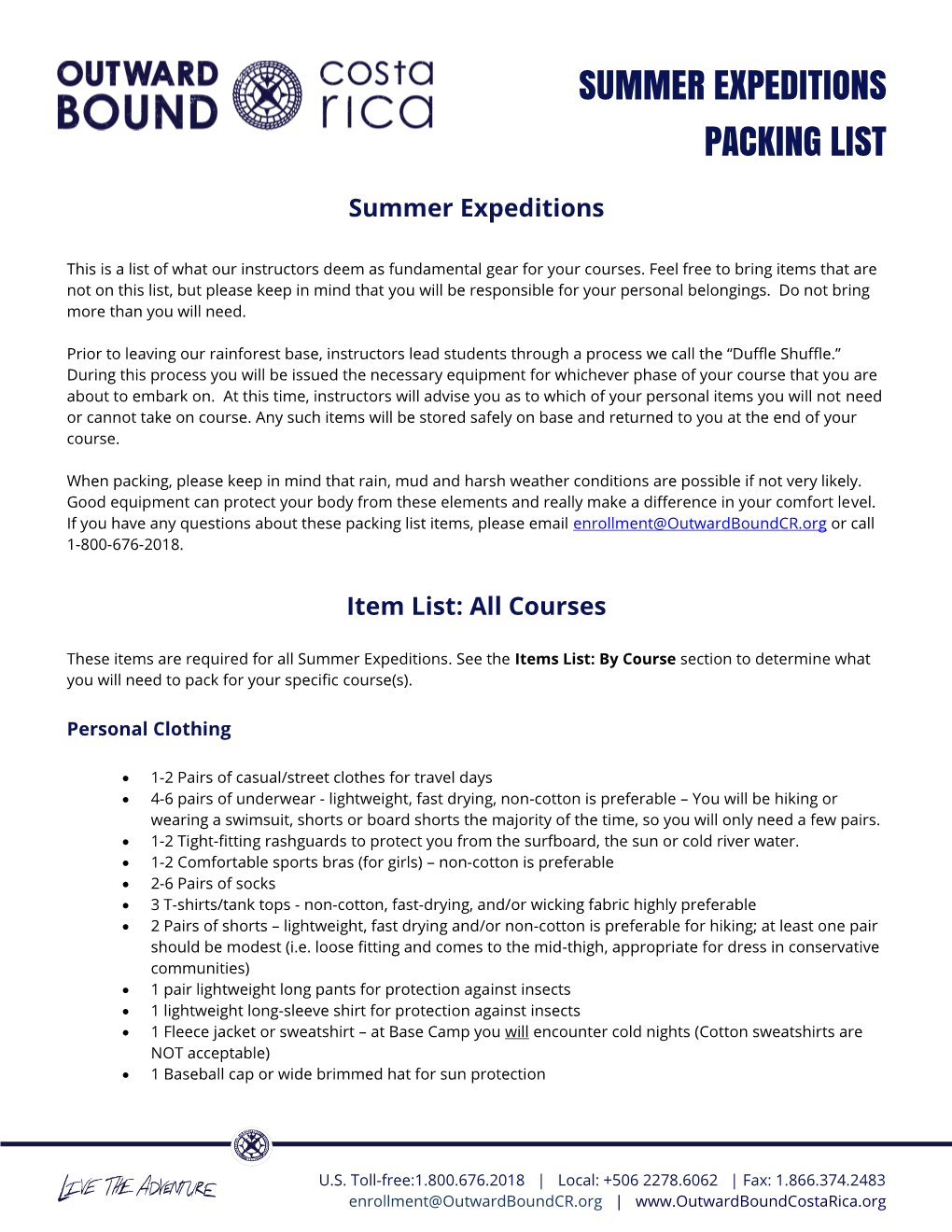 Summer Expeditions Packing List