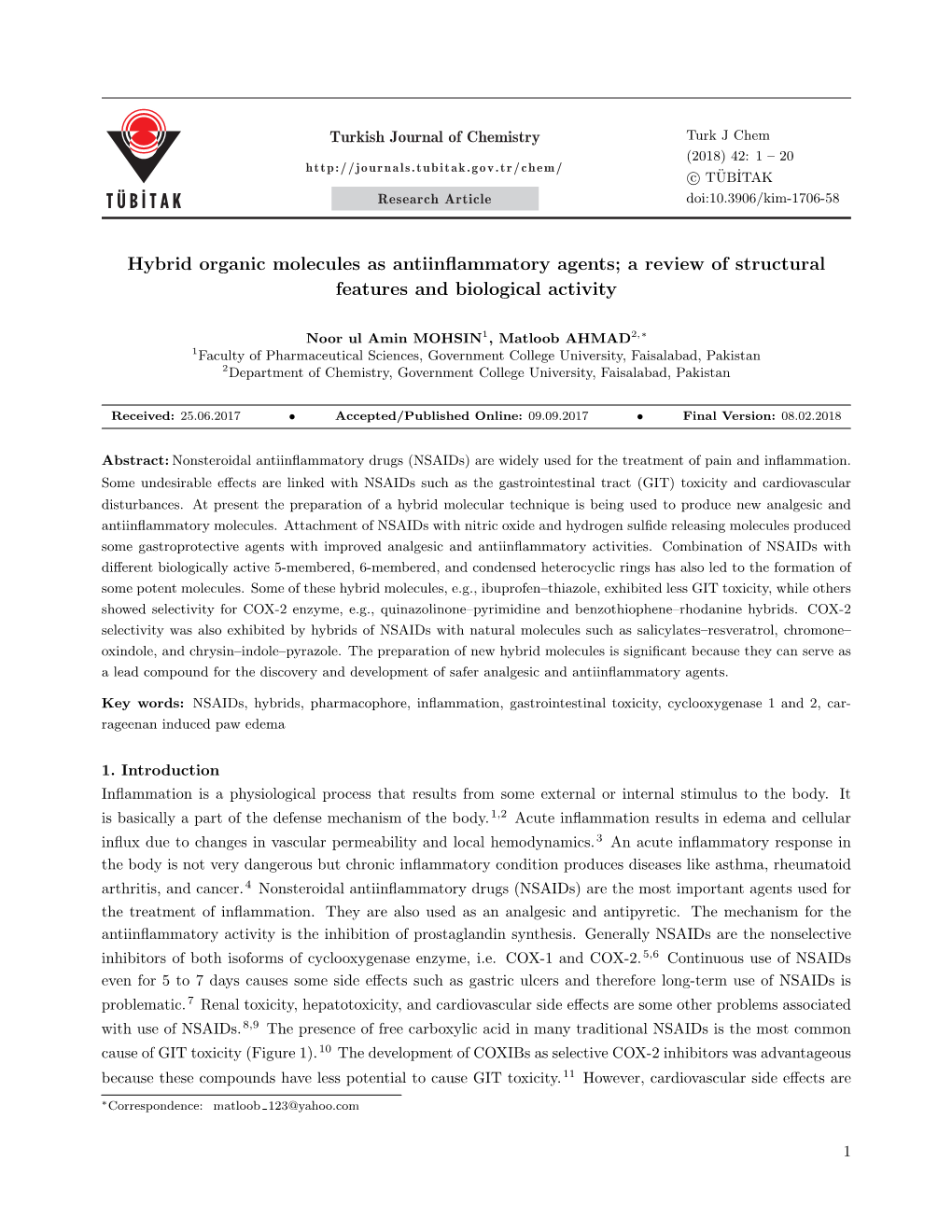 Hybrid Organic Molecules As Antiinflammatory Agents