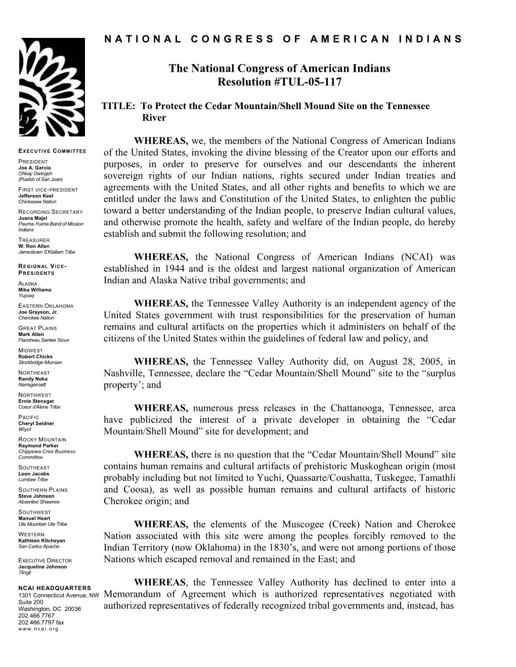 The National Congress of American Indians Resolution #TUL-05-117