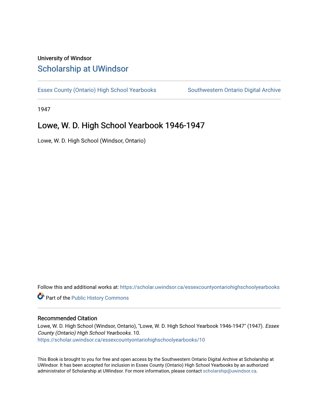 Lowe, W. D. High School Yearbook 1946-1947