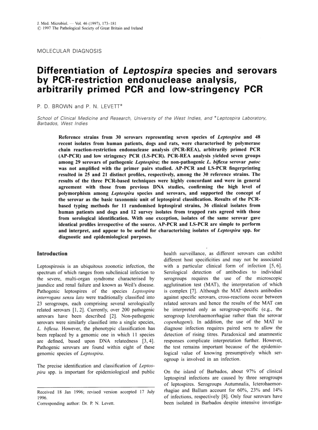Differentiation of Leptospira Species and Serovars by PCR-Restriction Endonuclease Analysis, Arbitrarily Primed PCR and Low-Stringency PCR