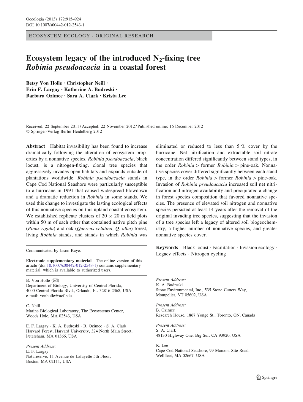 Ecosystem Legacy of the Introduced N2-Fixing Tree Robinia