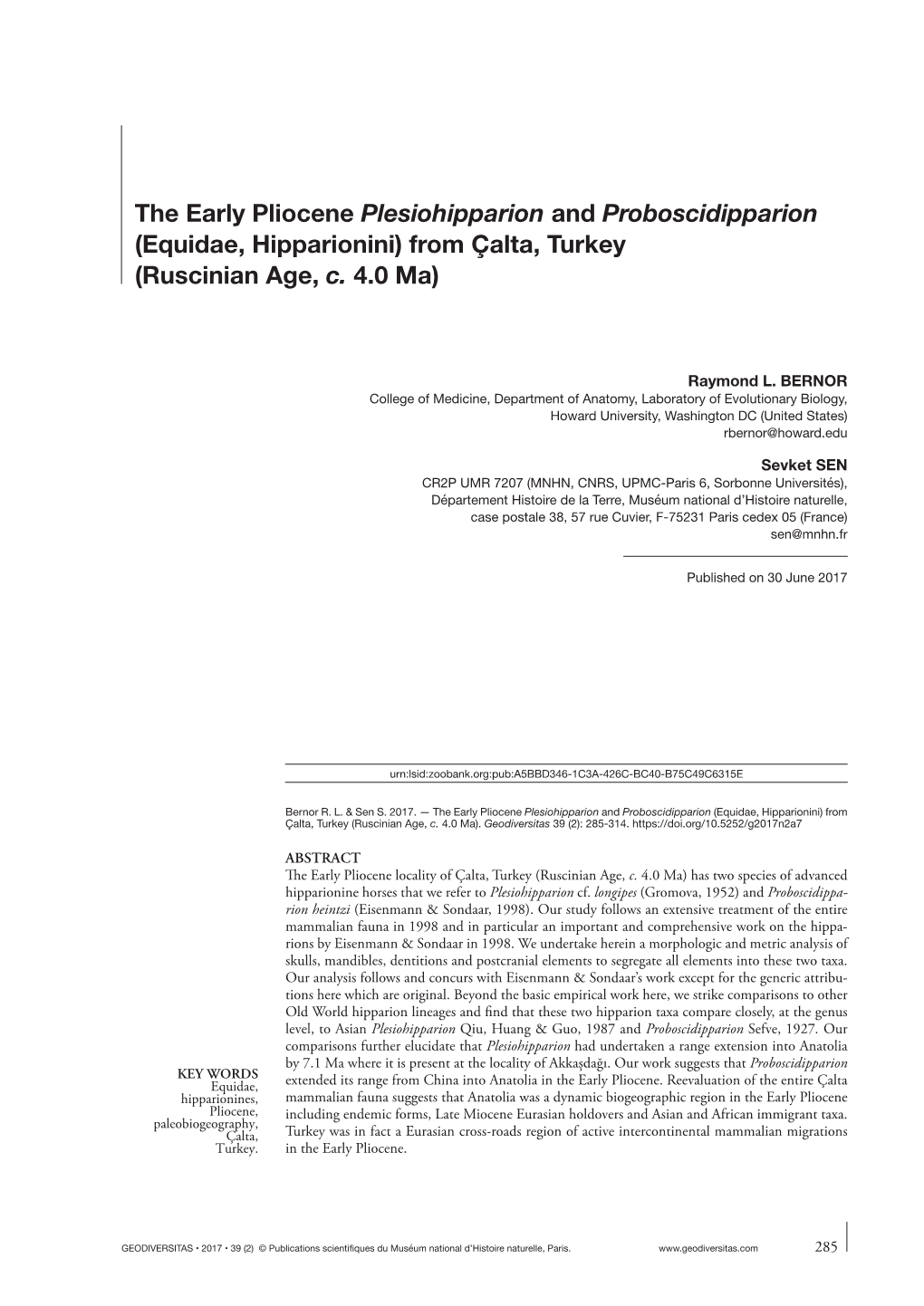 The Early Pliocene Plesiohipparion and Proboscidipparion (Equidae, Hipparionini) from Çalta, Turkey (Ruscinian Age, C