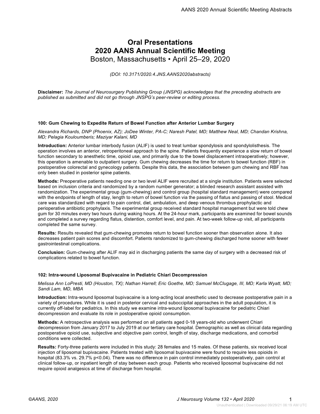 Oral Presentations 2020 AANS Annual Scientific Meeting Boston, Massachusetts • April 25–29, 2020