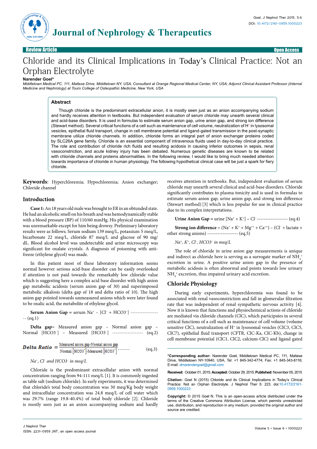 Chloride and Its Clinical Implications in Today's Clinical Practice: Not an Orphan Electrolyte