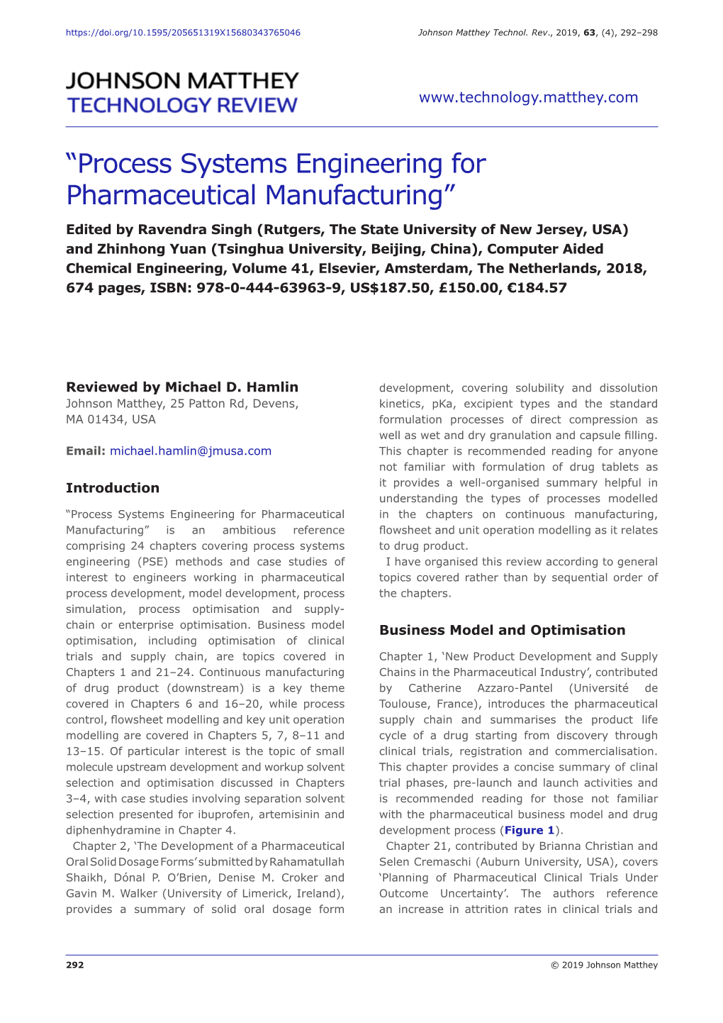 “Process Systems Engineering for Pharmaceutical Manufacturing”