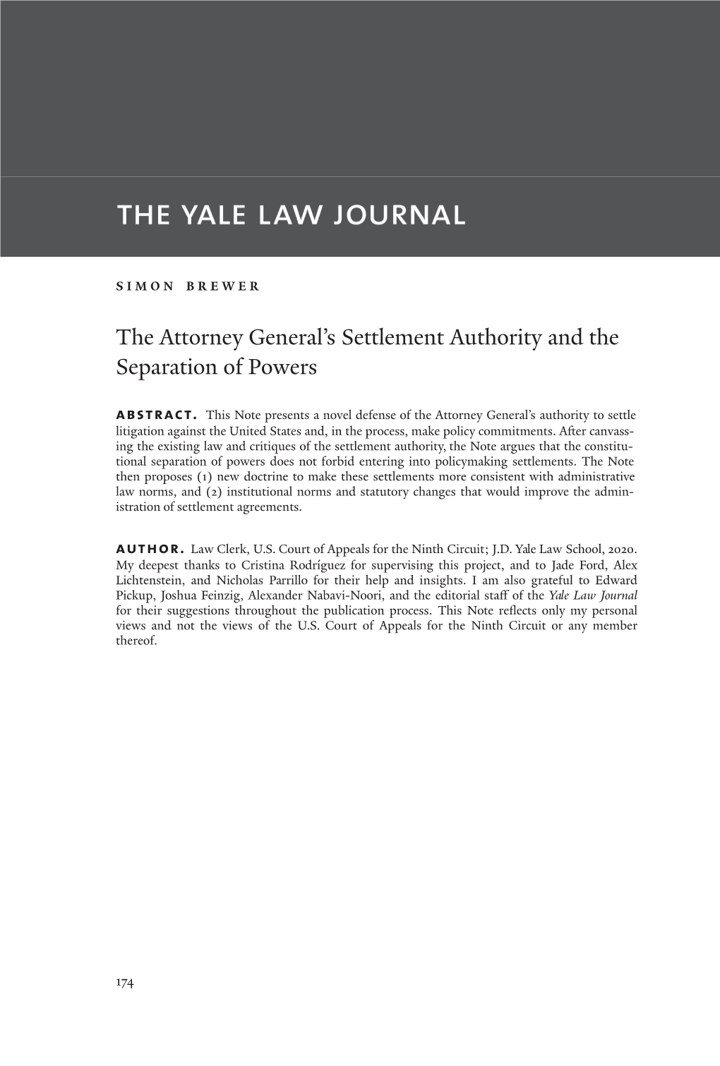 The Attorney General's Settlement Authority and the Separation Of