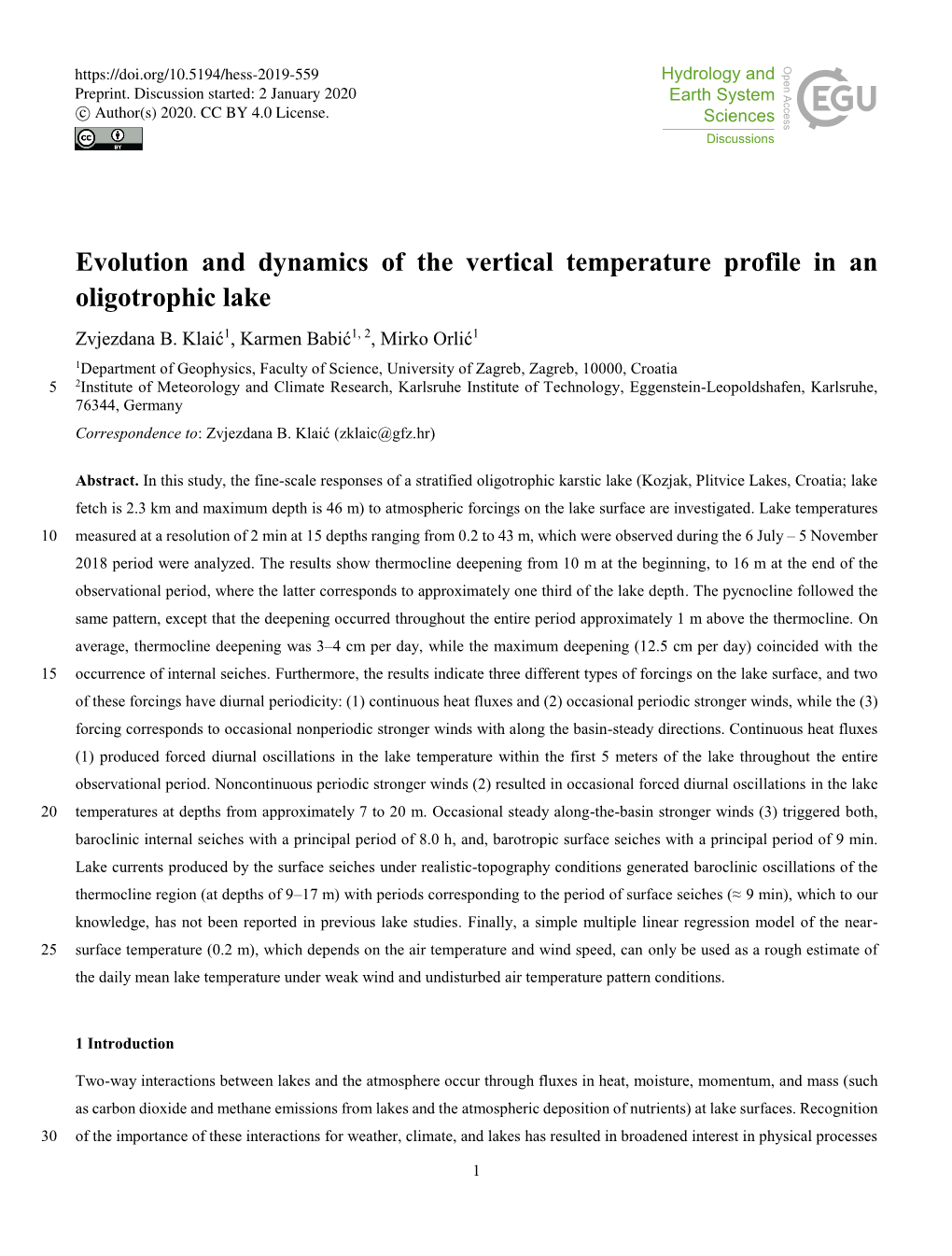 Evolution and Dynamics of the Vertical Temperature Profile in an Oligotrophic Lake Zvjezdana B