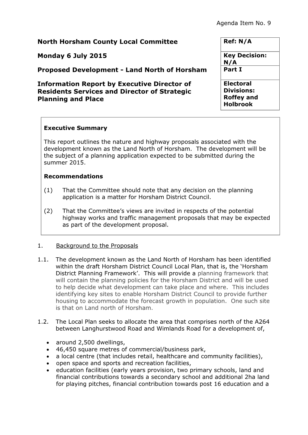 Proposed Development - Land North of Horsham Part I