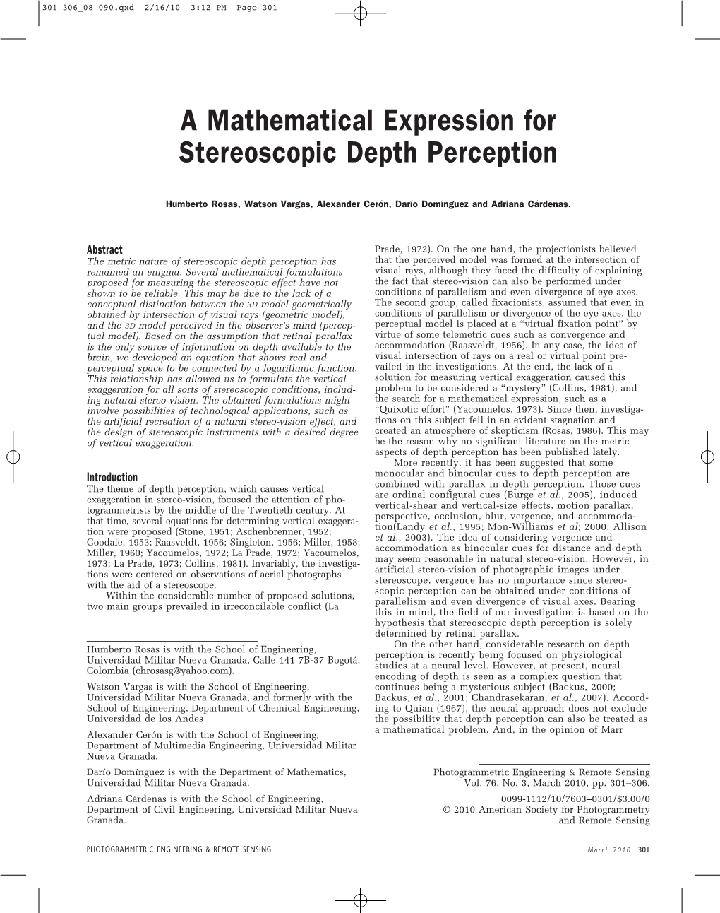 A Mathematical Expression for Stereoscopic Depth Perception