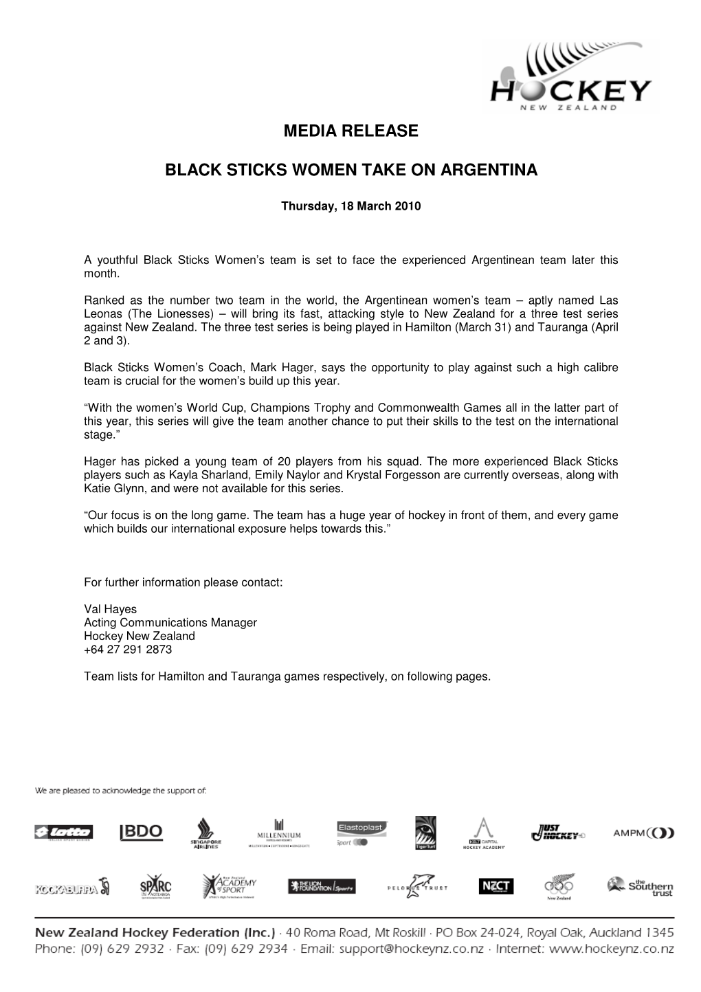 Media Release Black Sticks Women Take on Argentina