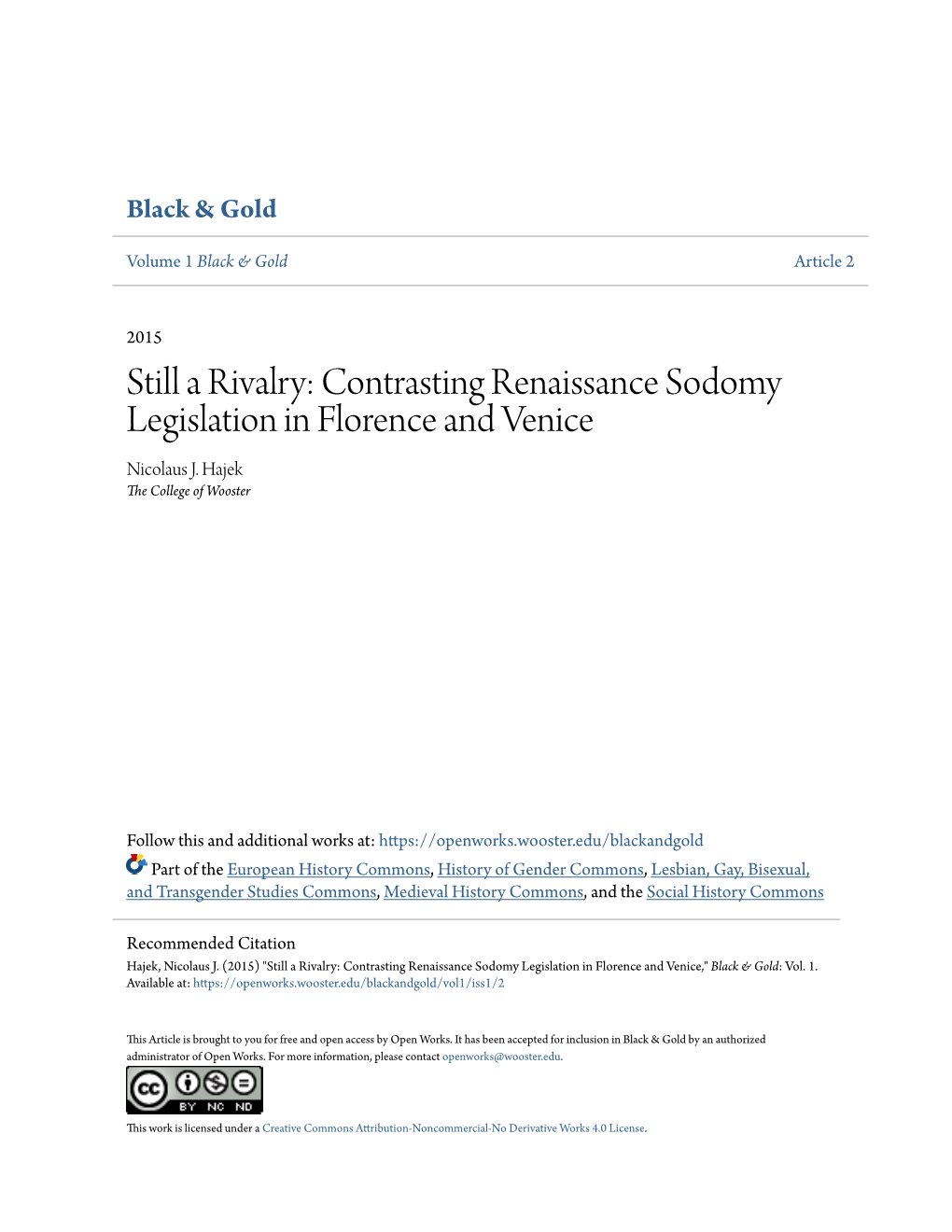 Contrasting Renaissance Sodomy Legislation in Florence and Venice Nicolaus J