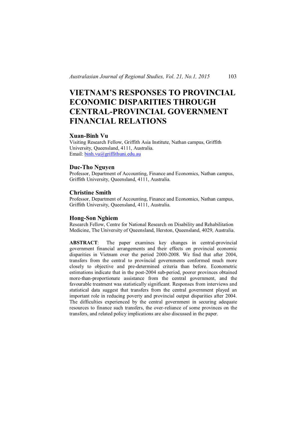 Vietnam's Responses to Provincial Economic Disparities