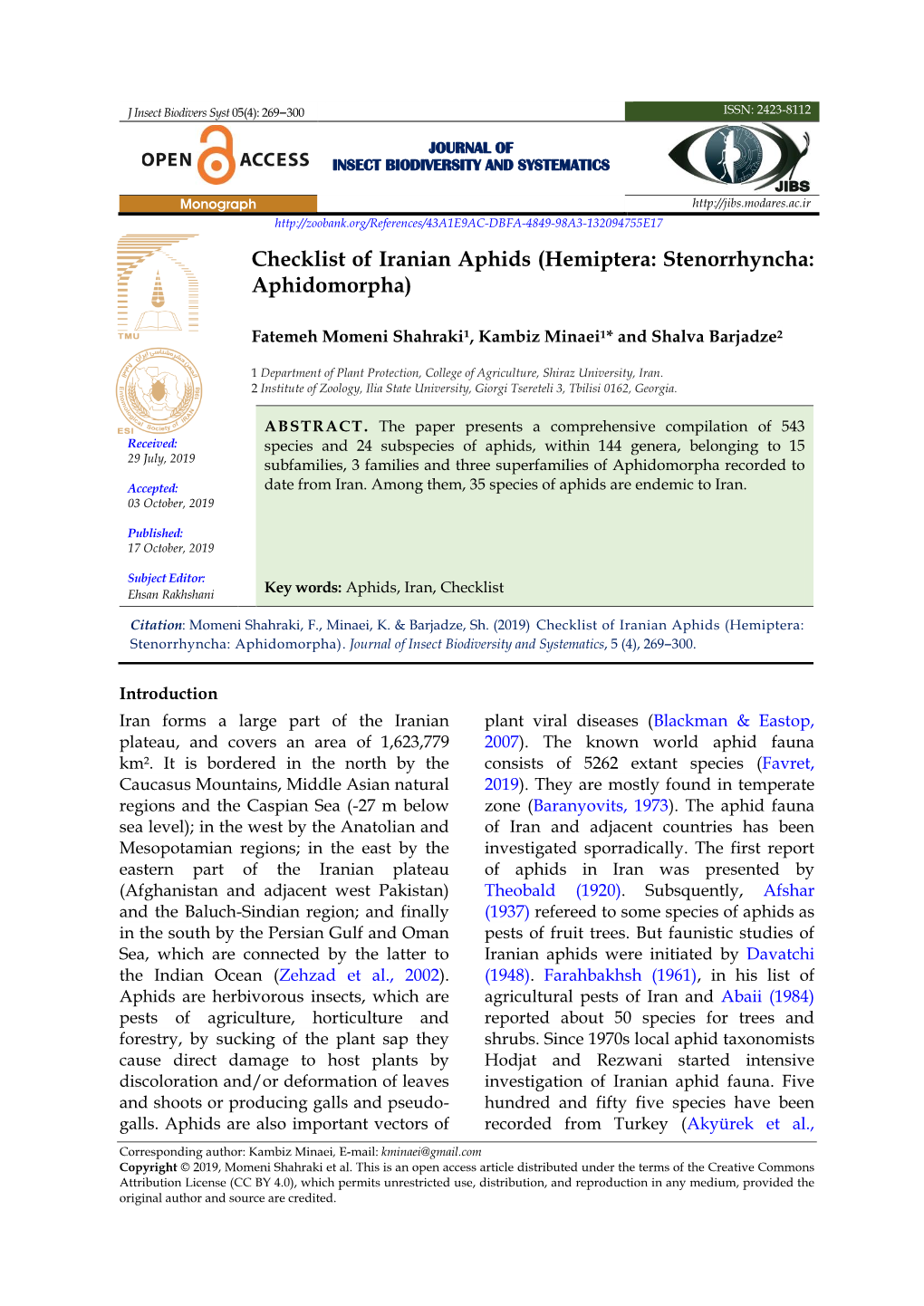 Checklist of Iranian Aphids (Hemiptera: Stenorrhyncha: Aphidomorpha)