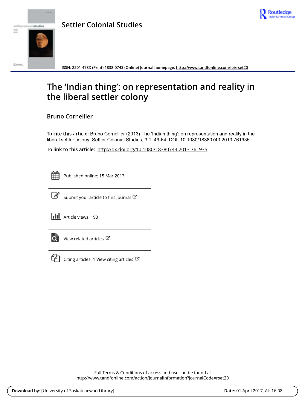 The 'Indian Thing': on Representation and Reality in the Liberal Settler Colony