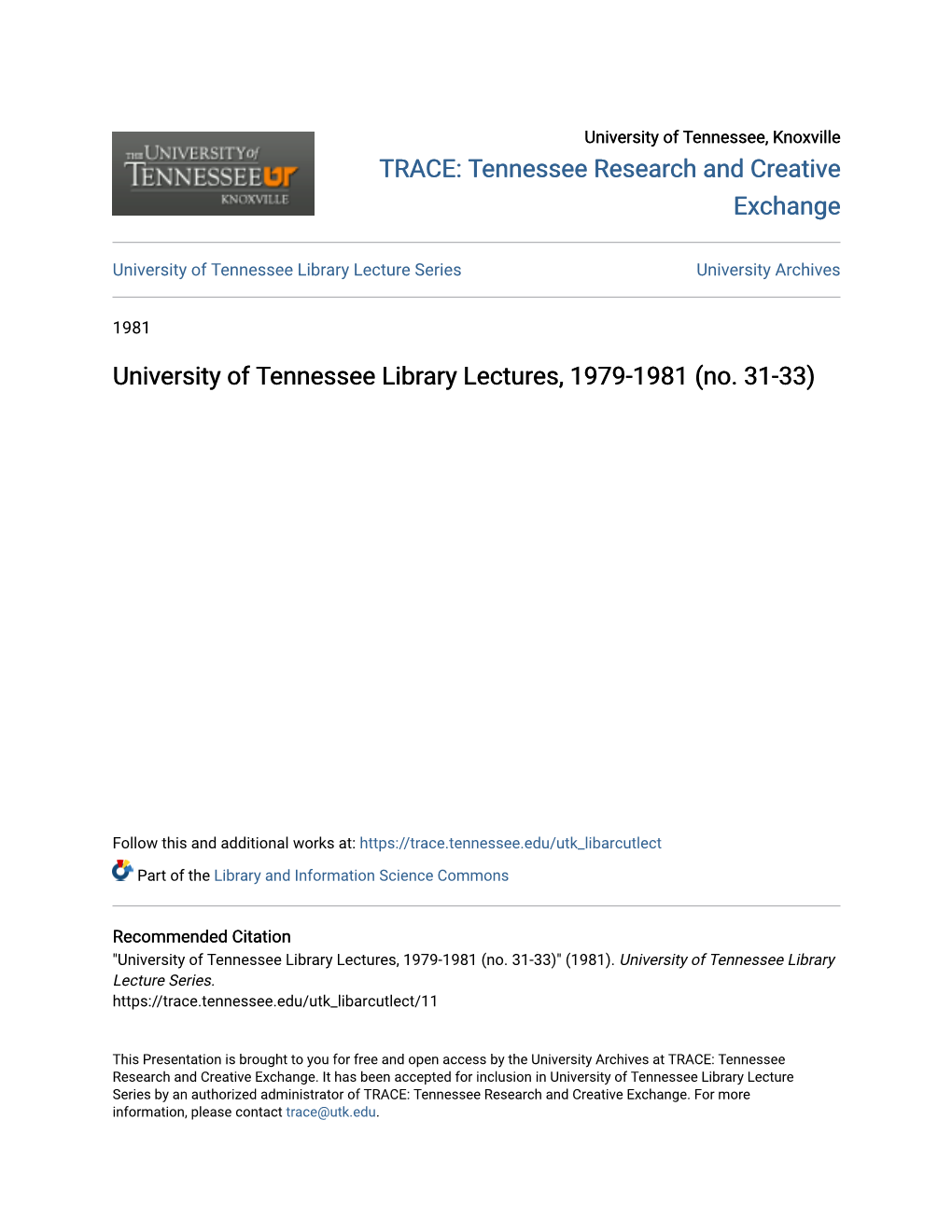 University of Tennessee Library Lectures, 1979-1981 (No. 31-33)