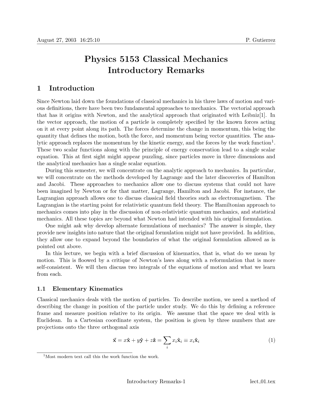 Physics 5153 Classical Mechanics Introductory Remarks