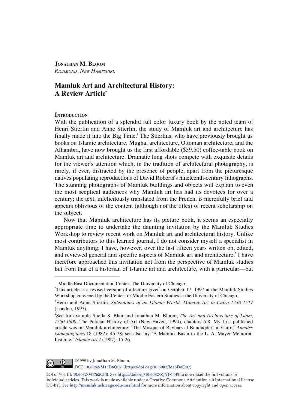 Mamluk Art and Architectural History: a Review Article (MSR III, 1999)