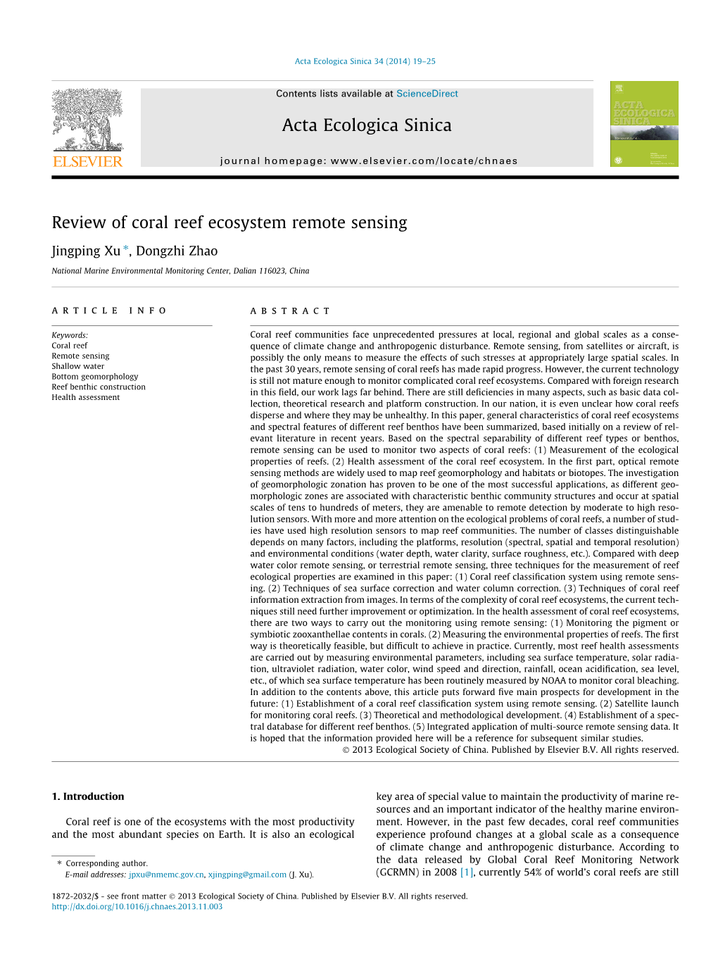 Review of Coral Reef Ecosystem Remote Sensing ⇑ Jingping Xu , Dongzhi Zhao