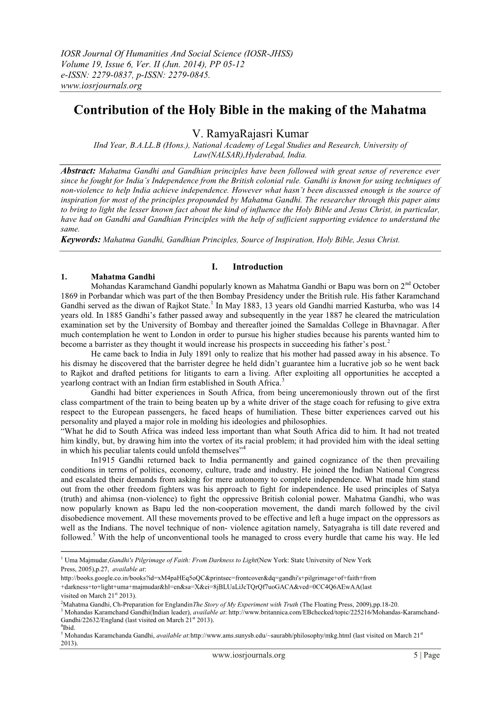 Contribution of the Holy Bible in the Making of the Mahatma