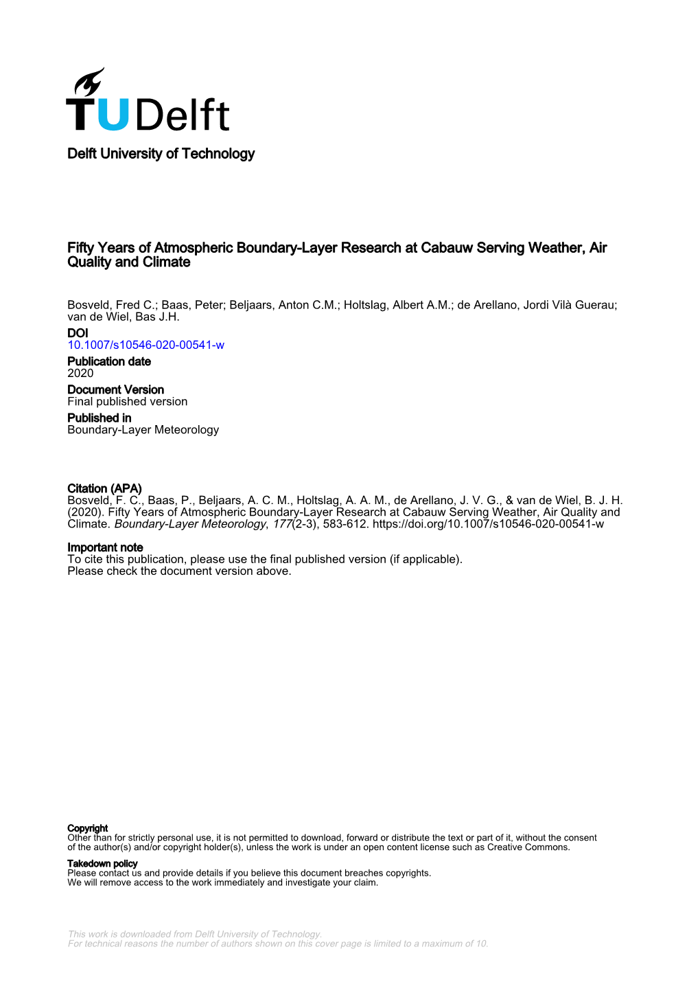 Fifty Years of Atmospheric Boundary-Layer Research at Cabauw Serving Weather, Air Quality and Climate