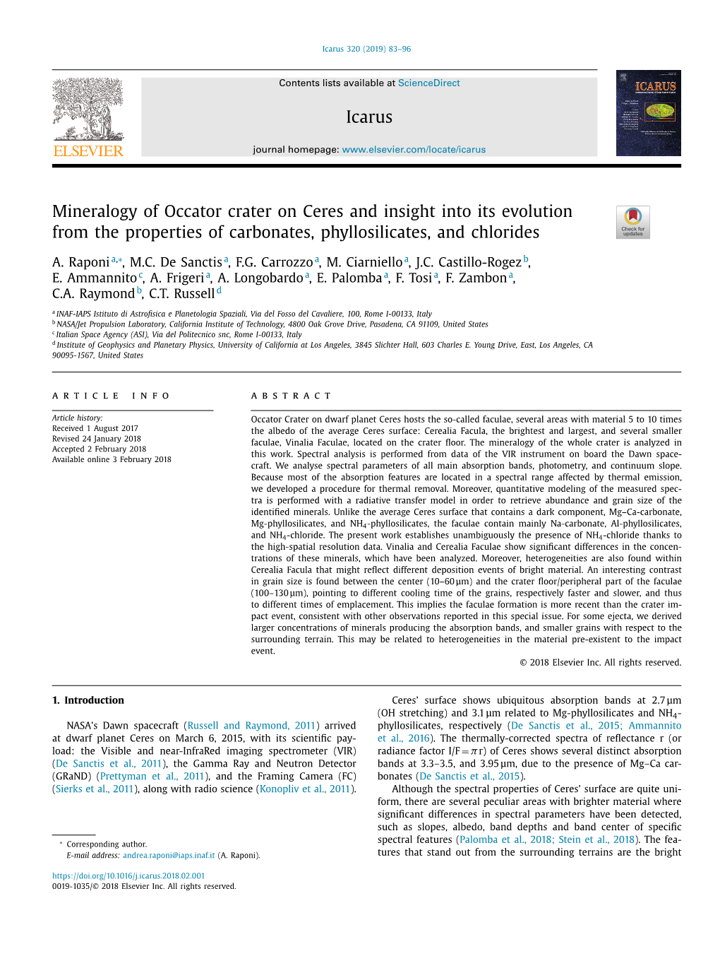 Mineralogy of Occator Crater on Ceres and Insight Into Its Evolution from the Properties of Carbonates, Phyllosilicates, and Chlorides