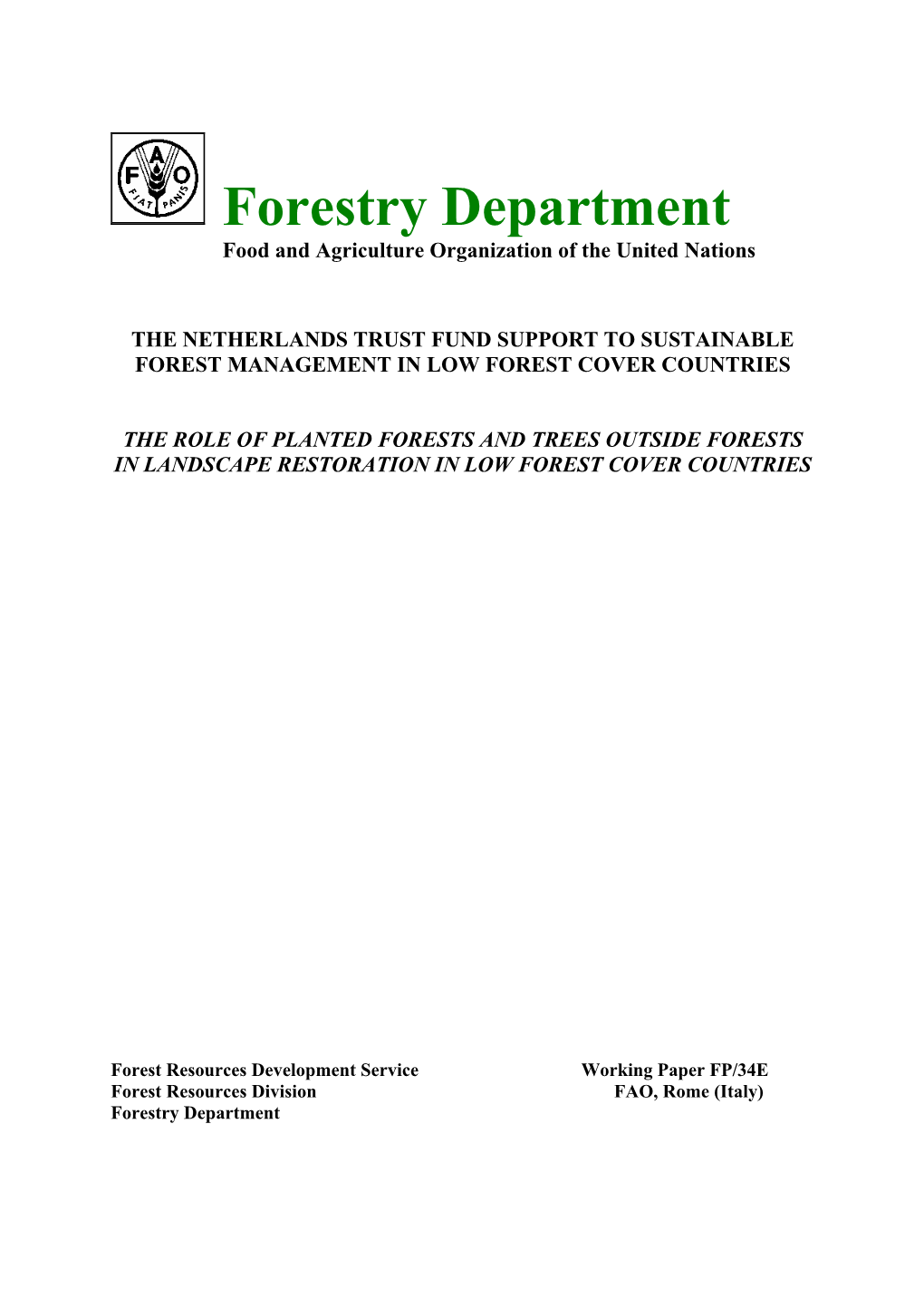 Forestry Department Food and Agriculture Organization of the United Nations