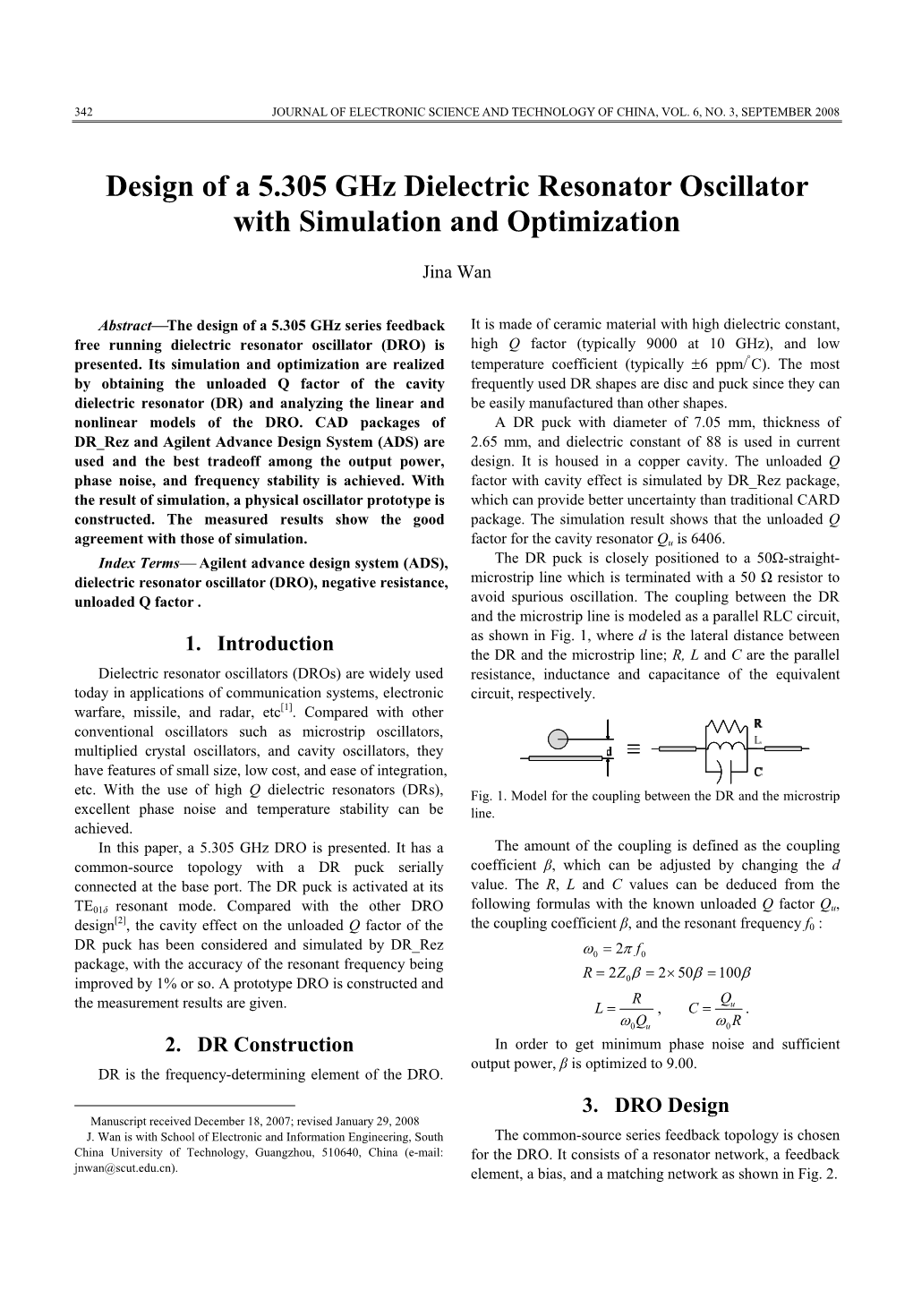 Design of a 5.305 Ghz Dielectric Resonator Oscillator with Simulation and Optimization