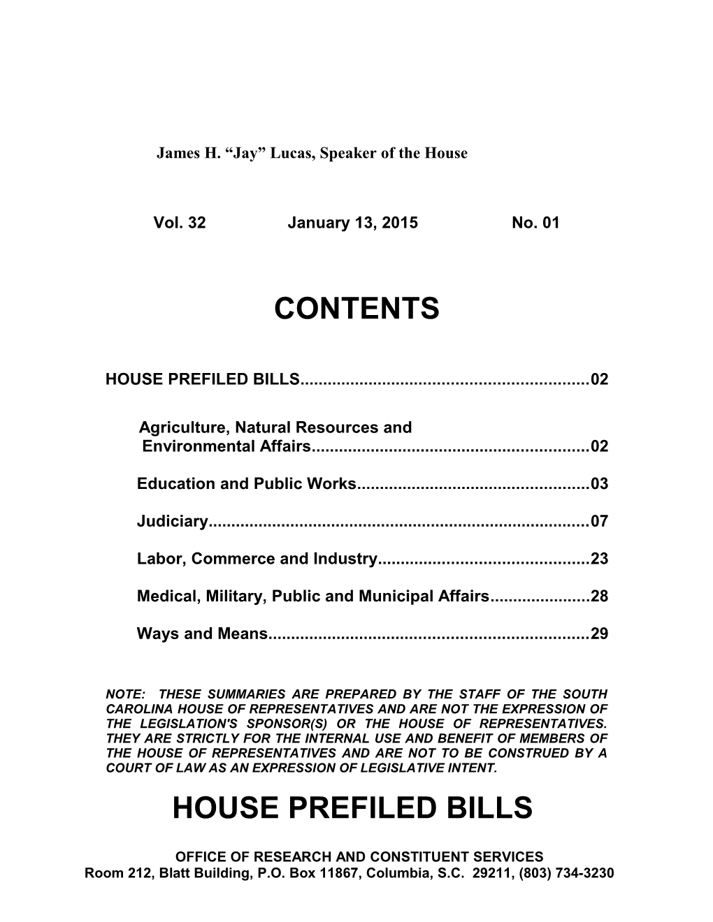 Legislative Update - Vol. 32 No. 01 January 13, 2015 - South Carolina Legislature Online