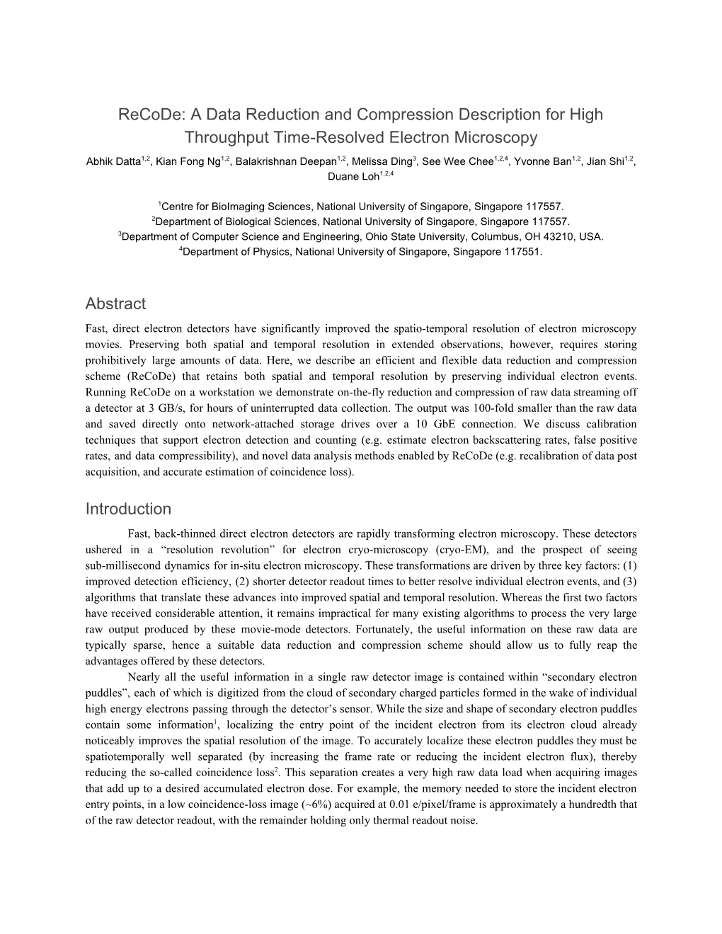 Recode: a Data Reduction and Compression Description for High Throughput Time-Resolved Electron Microscopy