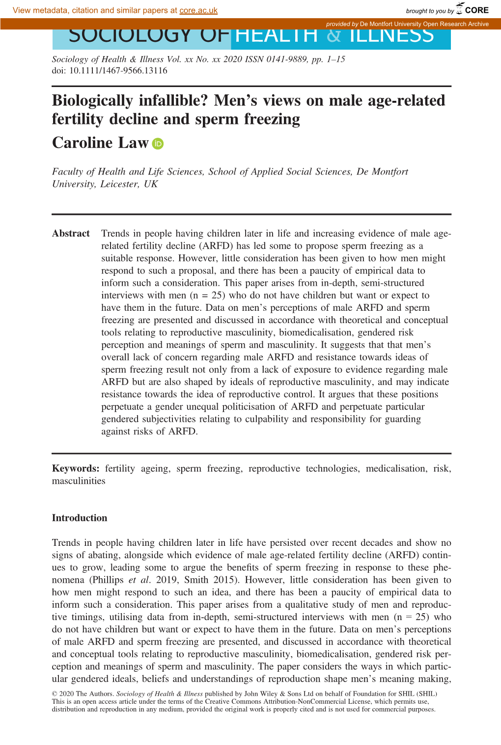 Biologically Infallible? Men's Views on Male Age‐Related Fertility Decline and Sperm Freezing