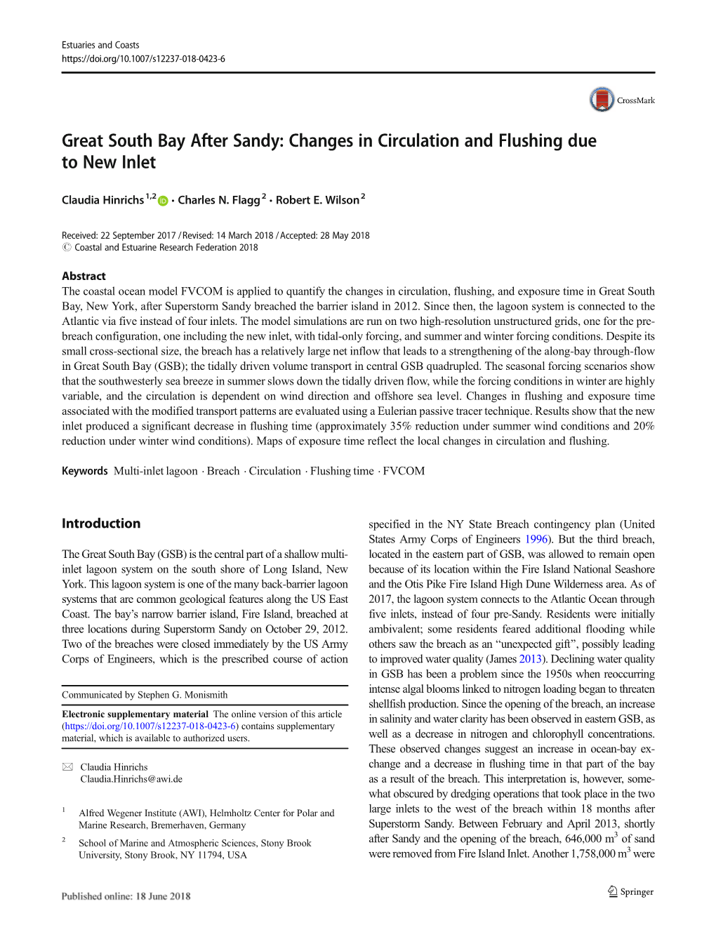 Great South Bay After Sandy: Changes in Circulation and Flushing Due to New Inlet