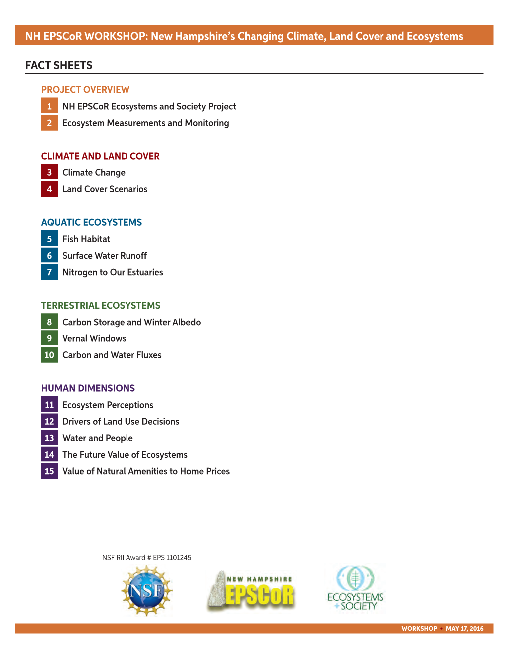 FACT SHEETS NH Epscor WORKSHOP: New Hampshire's Changing Climate, Land Cover and Ecosystems