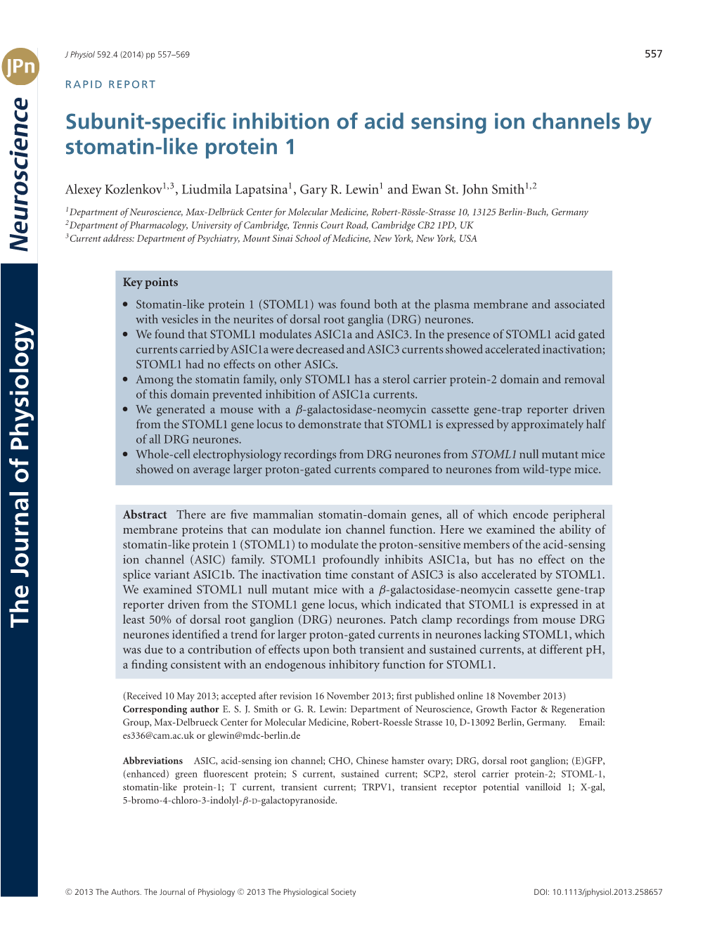 Subunitspecific Inhibition of Acid Sensing Ion Channels by Stomatinlike Protein 1