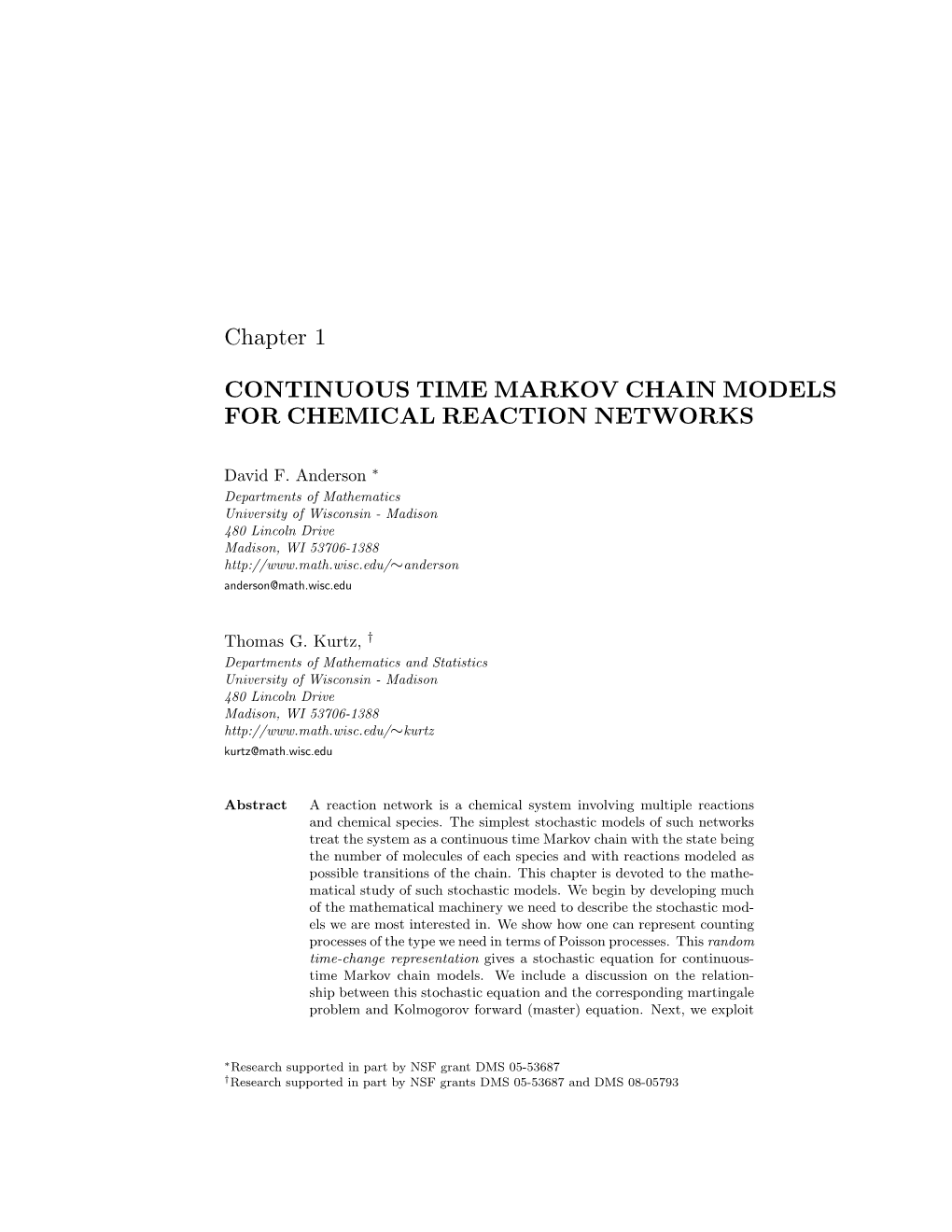 Continuous Time Markov Chain Models for Chemical Reaction Networks