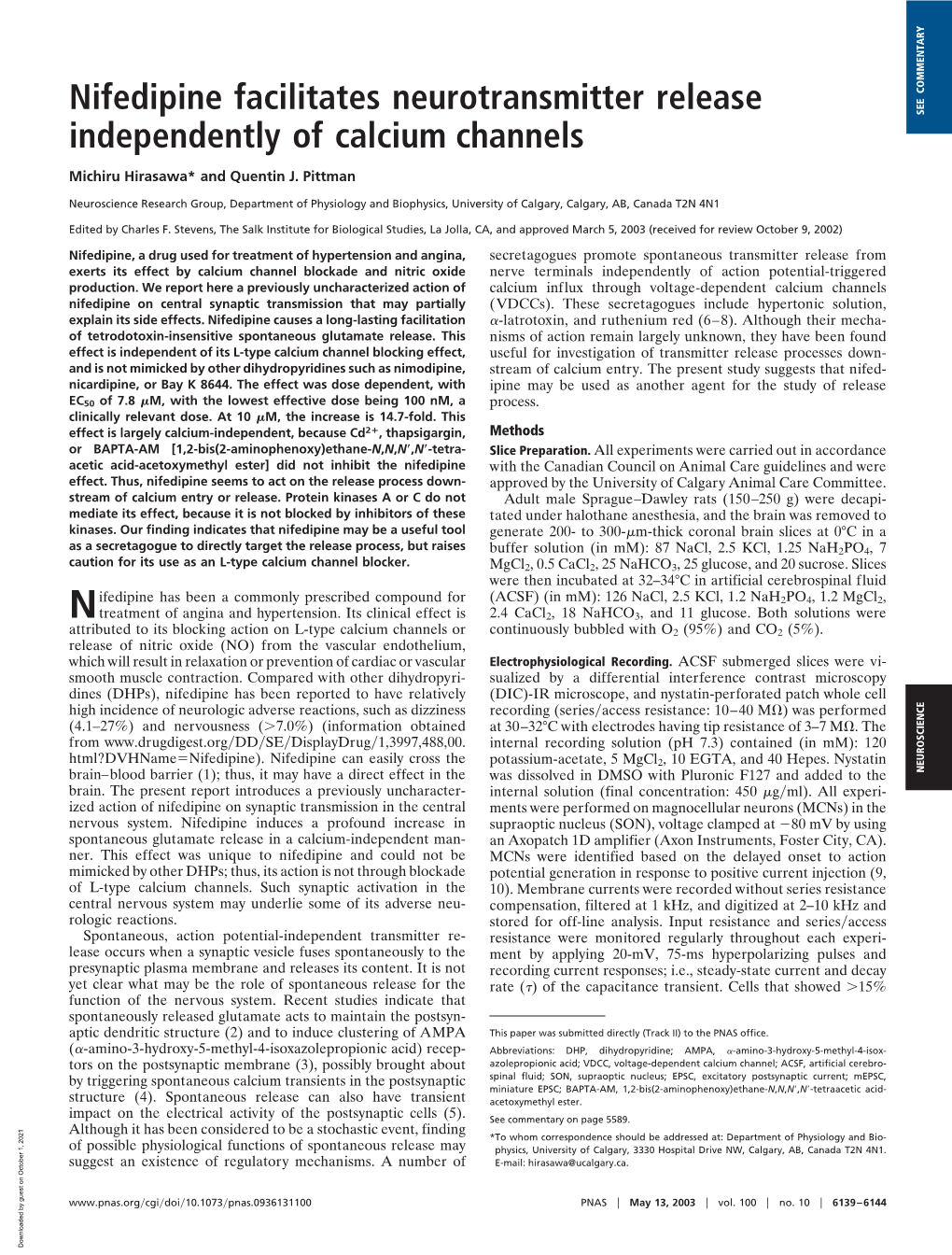 Nifedipine Facilitates Neurotransmitter Release SEE COMMENTARY Independently of Calcium Channels