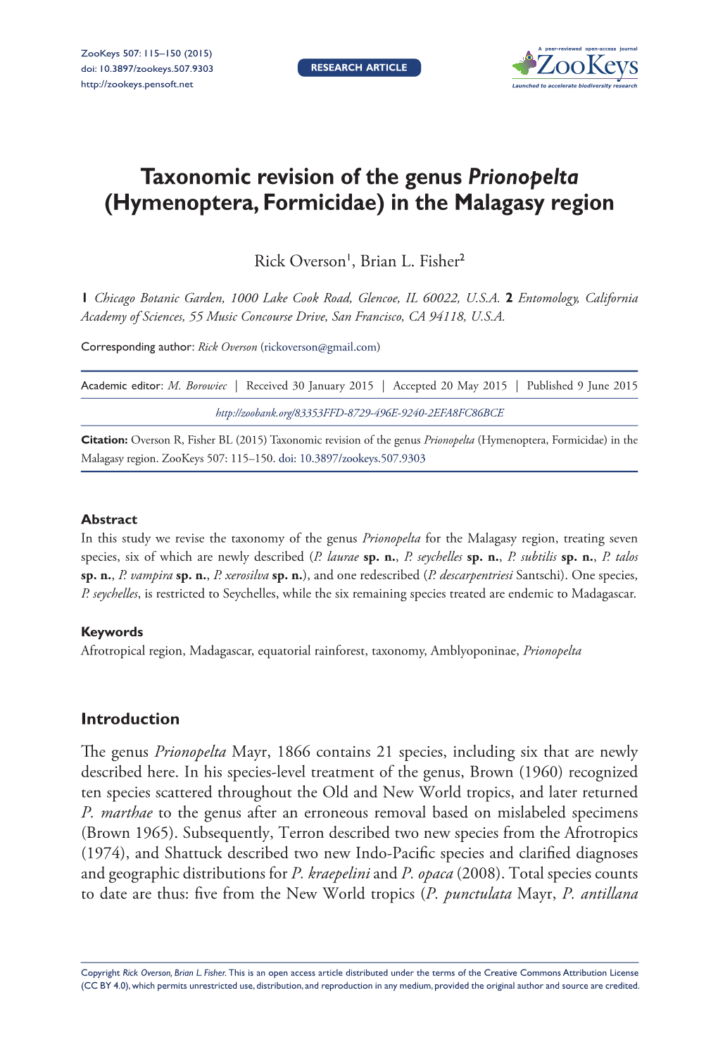 ﻿Taxonomic Revision of the Genus Prionopelta