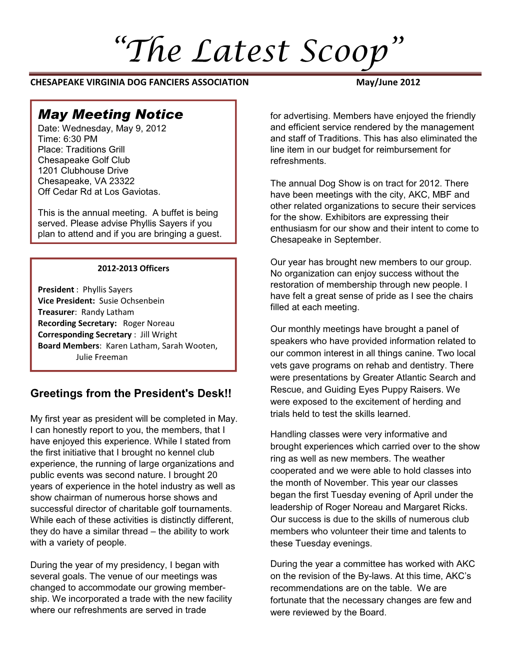 May/June 2012 Newsletter