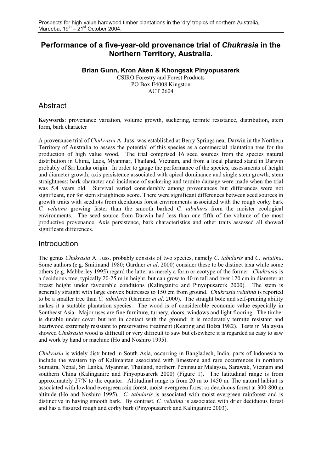 Performance of a Five-Year-Old Provenance Trial of Chukrasia in the Northern Territory, Australia